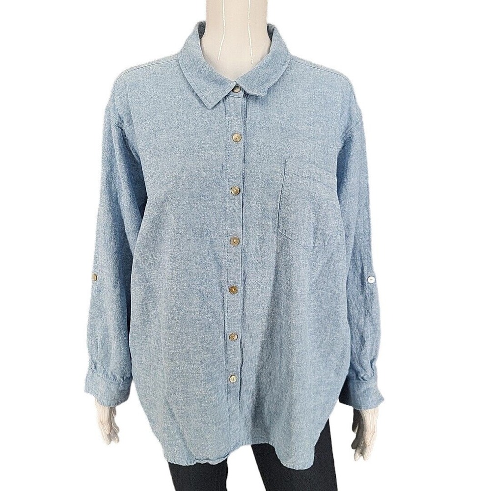 Susan Graver Pure Linen Blend Button Front Tunic Blue Petite Large Pockets